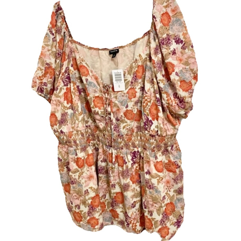 Torrid Eyelet Smocked Waist Puff Sleeve Lace-Up Top - 4X - 26 - NEW